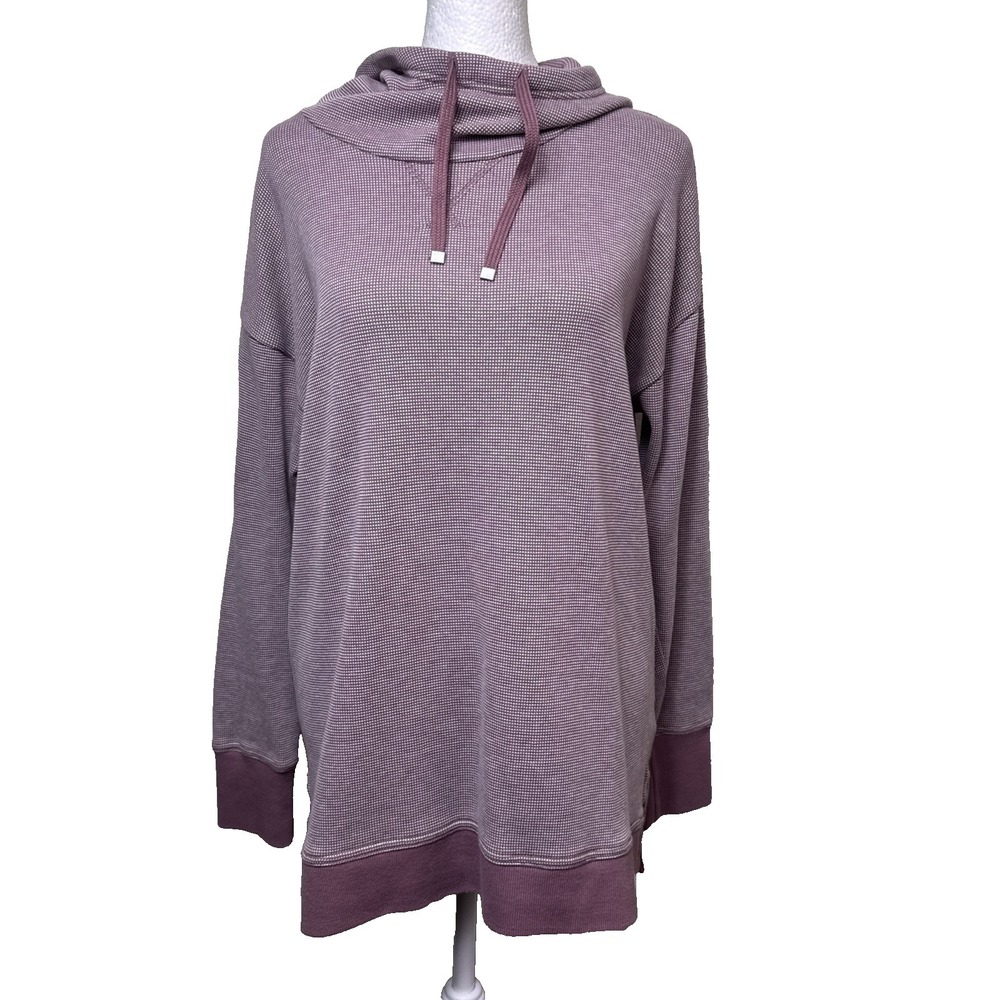 LL Bean Mauve Purple‎ Waffle Knit Tunic Hoodie Cowl Neck Pullover Sweatshirt M